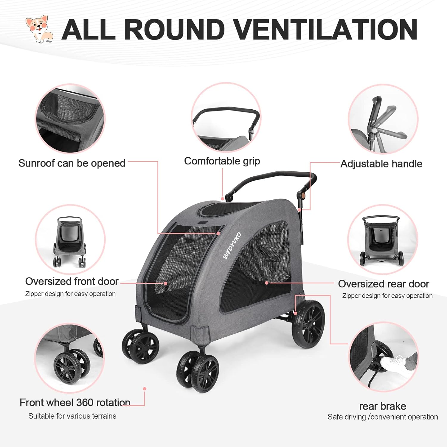 Large Dog Travel Stroller with 4 Heavy Duty Wheels Pet Stroller with Adjustable Handle - Double Doggie Capacity Jogger Wagon with Back Front Door for Small Medium Large Dogs (Dark Light Gray) - Pawvie