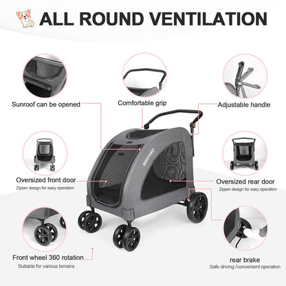 Large Dog Travel Stroller with 4 Heavy Duty Wheels Pet Stroller with Adjustable Handle - Double Doggie Capacity Jogger Wagon with Back Front Door for Small Medium Large Dogs (Dark Light Gray) - Pawvie