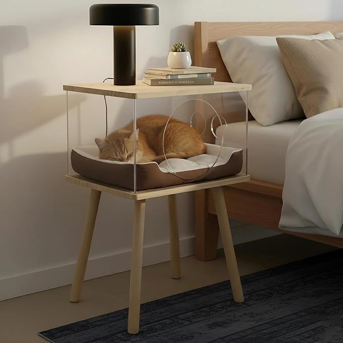 Cat Bedside Table with Acrylic Guardrail | Modern Cat & Dog Bed | Multifunctional Pet Bedside Cabinet | Cat Beds for Indoor Cats