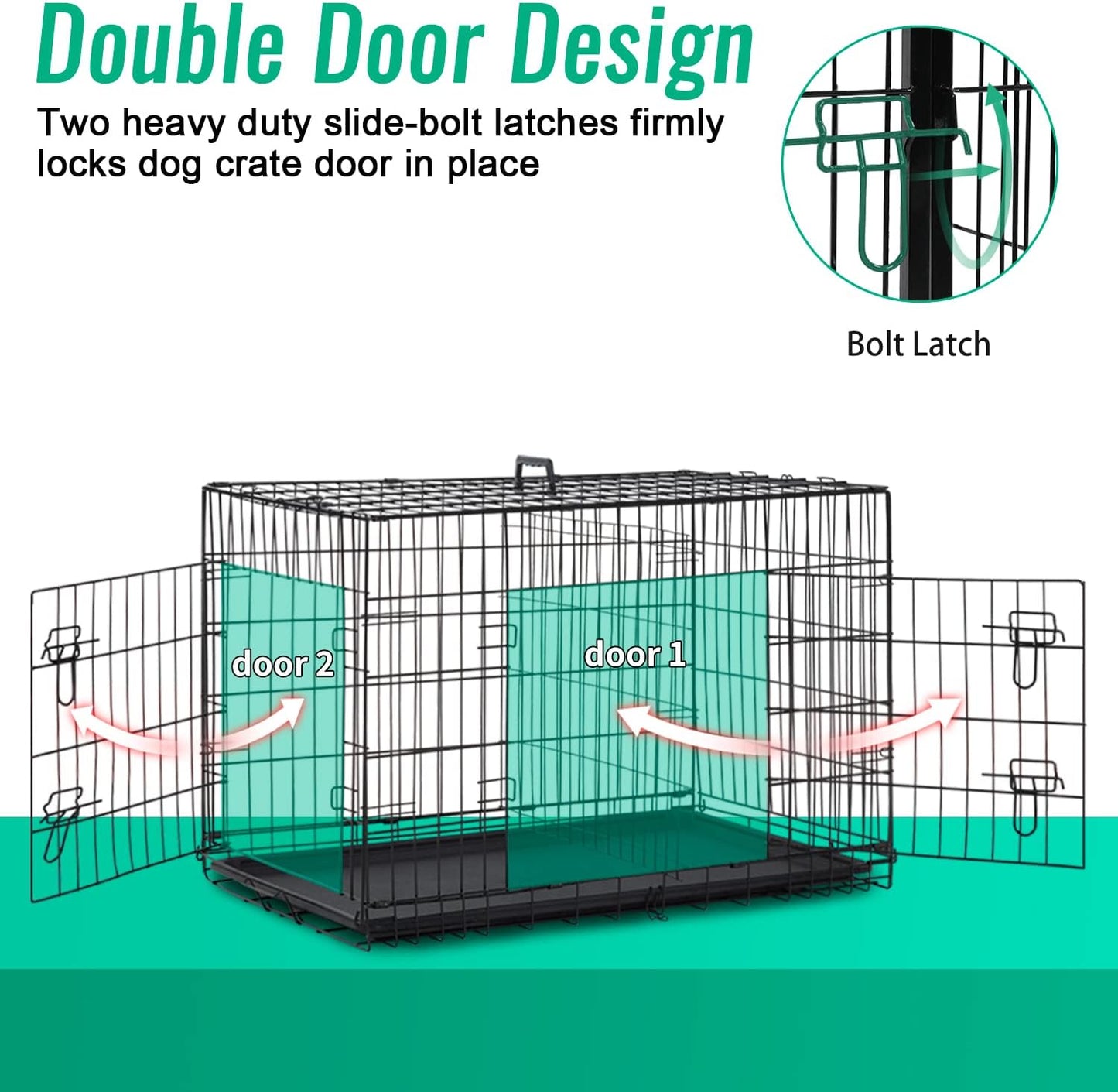 FDW Dog Crate for Large Dogs 42 Inch Folding Metal WirePet Cage Double Door W/Divider Panel Indoor Outdoor Kennel Leak-Proof Plastic Tray,Black