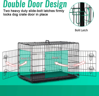 FDW Dog Crate for Large Dogs 42 Inch Folding Metal WirePet Cage Double Door W/Divider Panel Indoor Outdoor Kennel Leak-Proof Plastic Tray,Black