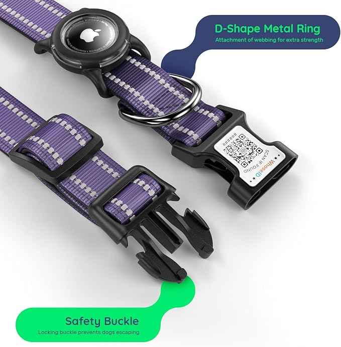 Dog Collar with QR Code, Reflective Dog Collar, Soft Neoprene Padded & Safety Locking Buckle Adjustable Pet Collar (Purple, M-with Airtag Holder)