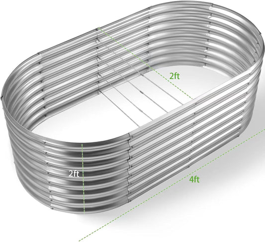 Land Guard 24“ Tall Galvanized Raised Garden Bed Kit, Galvanized Planter Garden Boxes Outdoor, Oval Large Metal Raised Garden Bed for Vegetables (Classic Silver, 4×2×2ft)