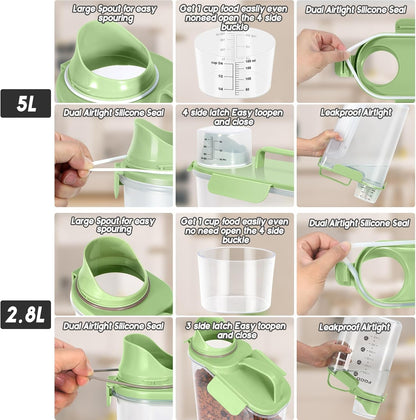 8-12 LBS Cat Dog Pet Food Storage Container, Plastic Dispenser Upgraded Large Nozzle, BPA-free, With Sealed Clasps, Measuring Cup and Handle, Easy to Clean and Carry -2 Packs Leaf Green