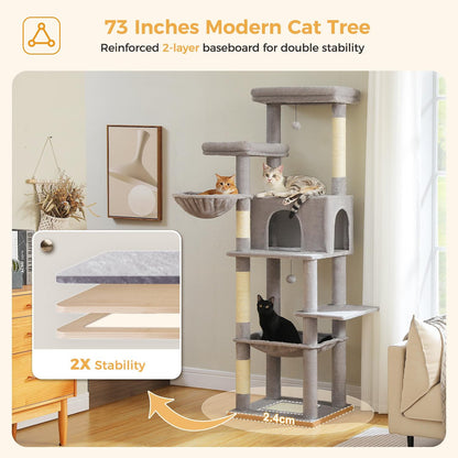 PAWZ Road Tall Cat Tree, 73 Inches Large Cat Tower with Large Padded Perch,2 Spacious Hammocks,8 Long Scratching Posts, XL Plush Cat Condo for Indoor Adult Cats,Gray