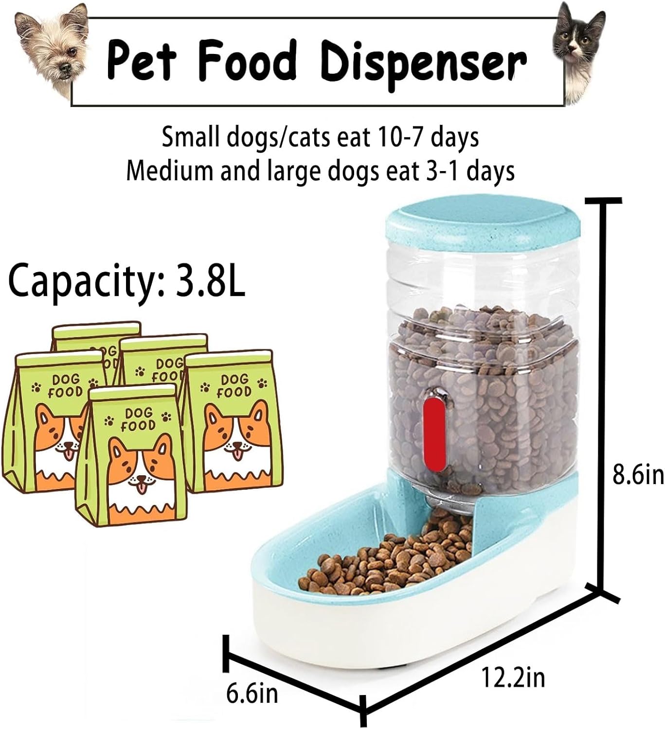 kathson Automatic Cat Feeder 1 Gallon Gravity Dog Food Dispenser Large Capacity Self Feeding Pet Food Bowl for Puppy Kitten Rabbit Blue
