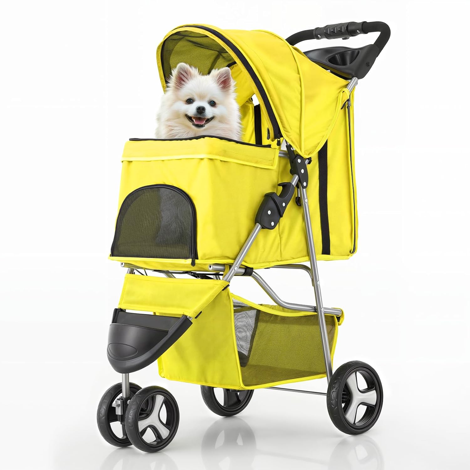 MoNiBloom Foldable Pet Stroller with Waterproof Cover, 3-Wheels Dog Strolling Cart for Small/Medium Dogs and Cats with Storage Basket and Cup Holder, Breathable and Visible Mesh for All-Season, Yellow - Pawvie