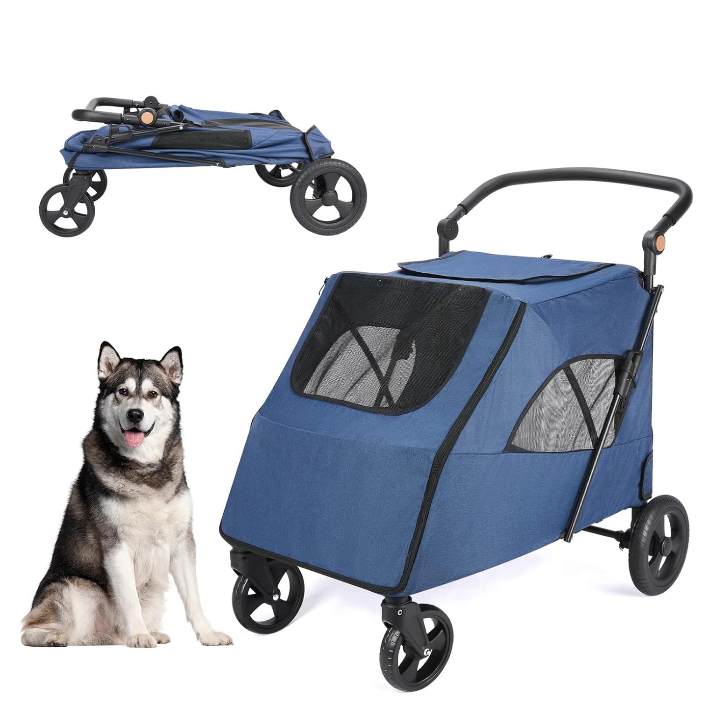 Large Dog Travel Stroller with 4 Heavy Duty Wheels Pet Stroller with Adjustable Handle - Double Doggie Capacity Jogger Wagon with Back Front Door for Small Medium Large Dogs (Navy-C) - Pawvie