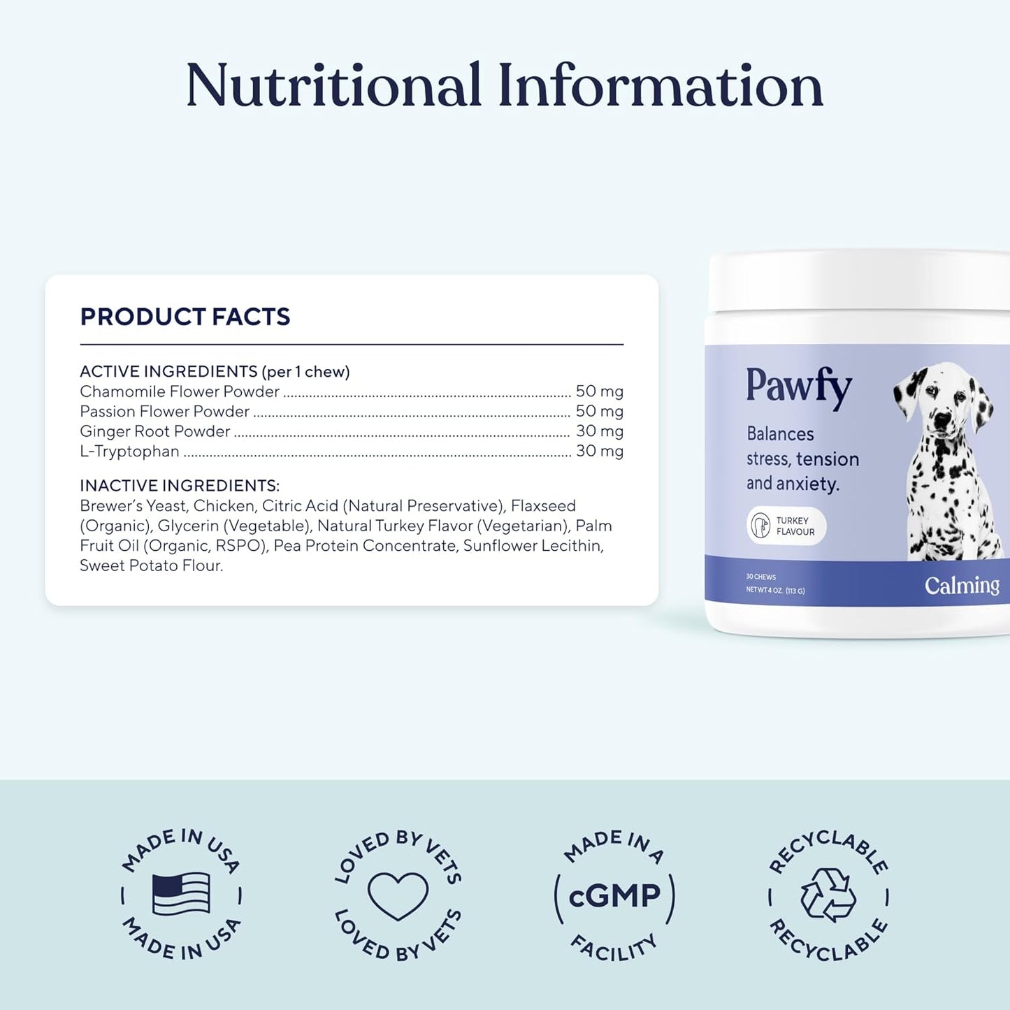 Pawfy Calming Chews for Dogs | Natural Dog Calming Chews - Supports Relaxation and Calm Behavior | Helps with Thunder, Separation, Chewing & Barking | Soothing Aid for Fireworks - 30 Turkey Treats