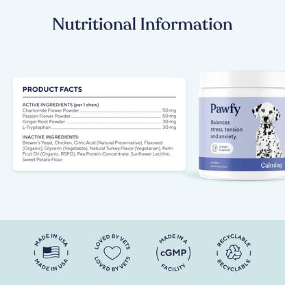 Pawfy Calming Chews for Dogs | Natural Dog Calming Chews - Supports Relaxation and Calm Behavior | Helps with Thunder, Separation, Chewing & Barking | Soothing Aid for Fireworks - 30 Turkey Treats