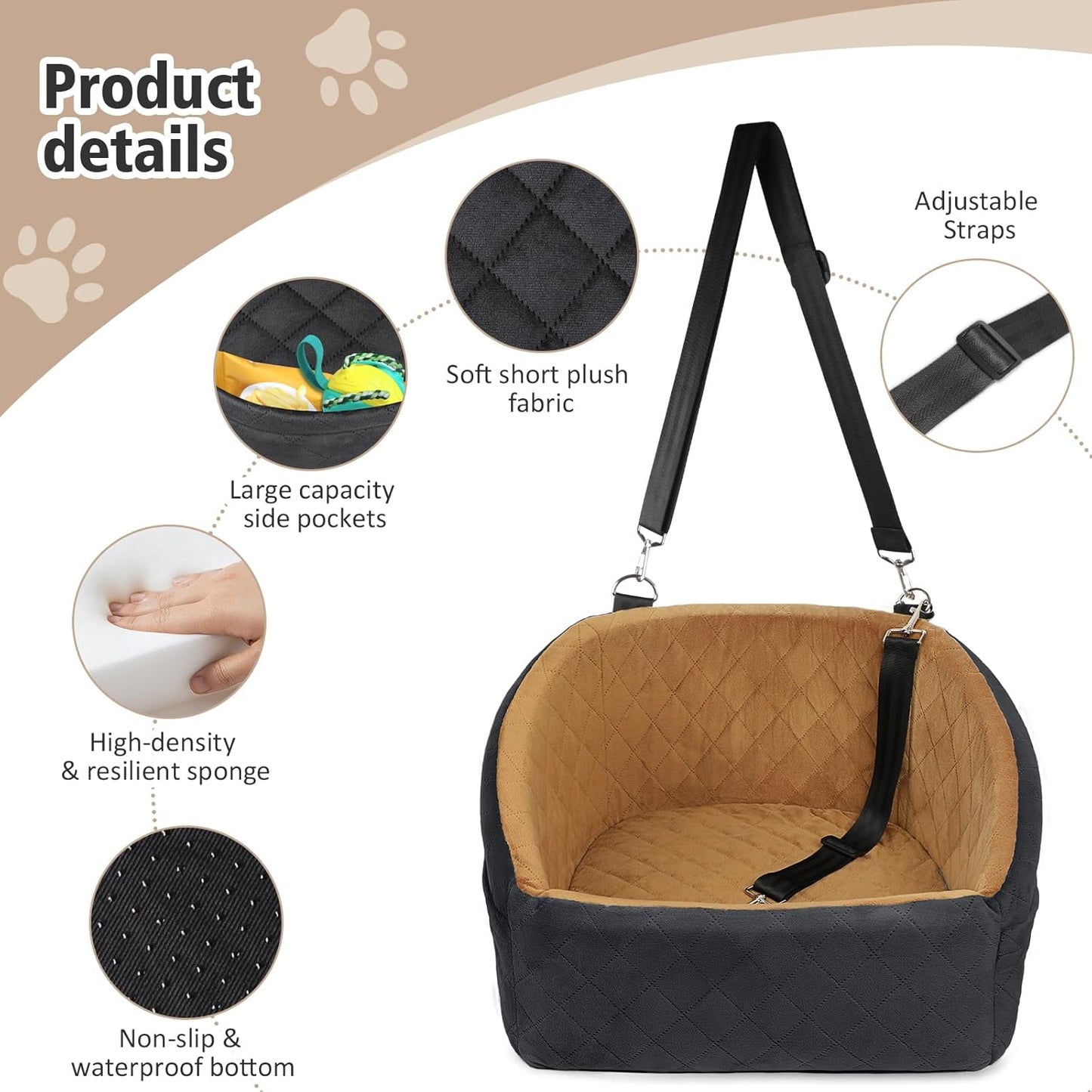 Dog Car Seat for Small Medium Dogs,Detachable Washable Dog Booster Seat Under 30lbs, Pet Car Seat Travel Bed with Storage Pockets and Dog Safety Belt(Black/Brown) - Pawvie