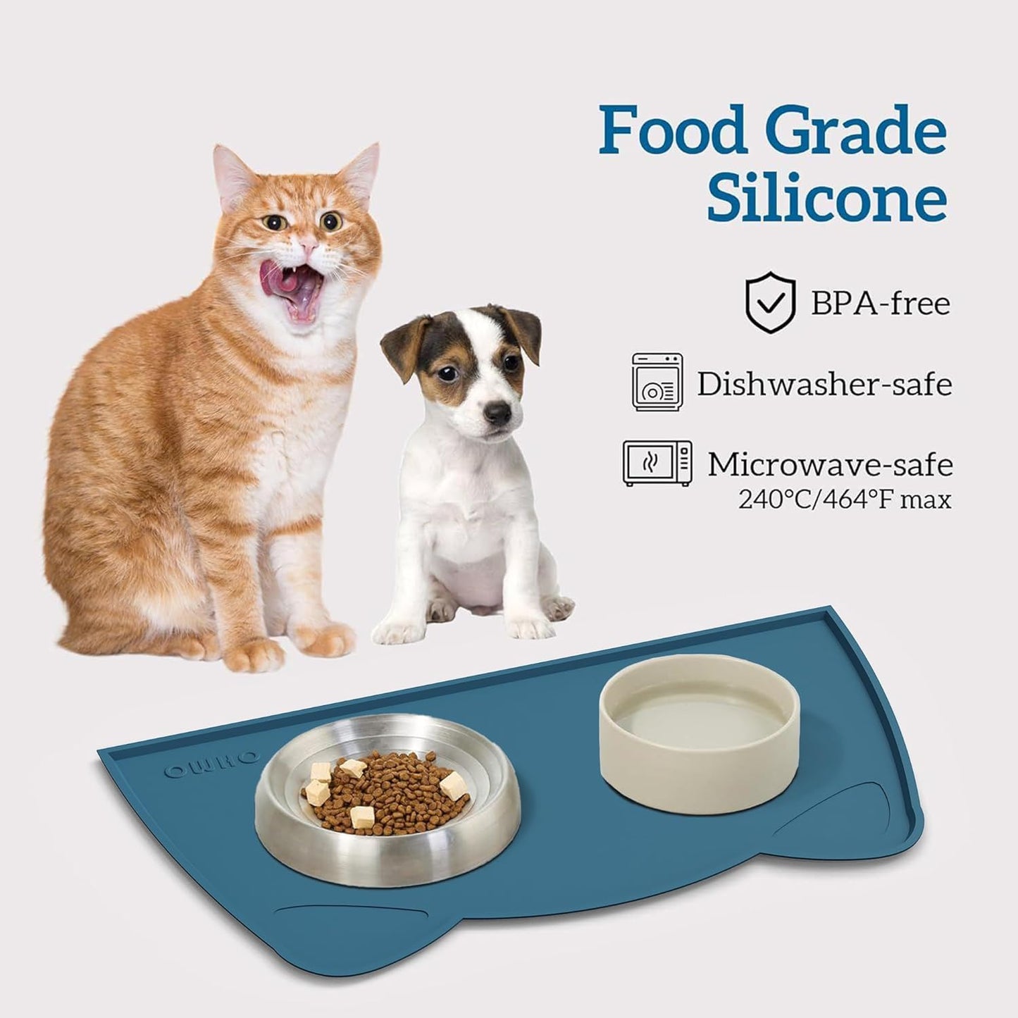 OHMO - Cat Food Mat, Silicone Pet Feeding Mat for Floor Non-Skid Waterproof Dog Water Bowl Tray, Easy to Clean Pet Placemat