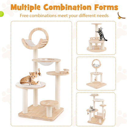 Tangkula Solid Wood Cat Tree, 4-in-1 Building Block Large Cat Tower with Space Capsule Nest, Scratching Posts, Padded Platform, Hanging Toy, Cat Tree Tower with 4 Transformations for Indoor Cats