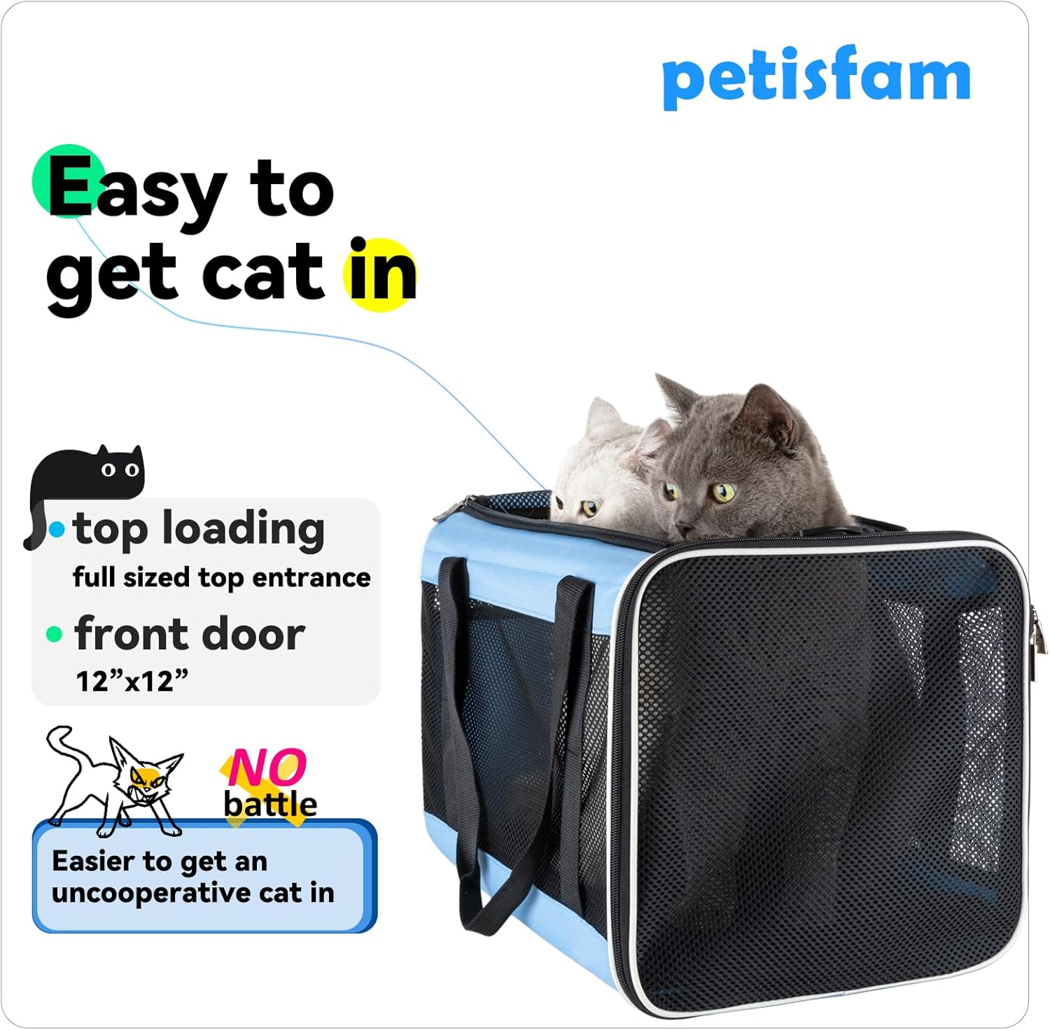 petisfam Soft Pet Carrier for Large and Medium Cats, 2 Kitties, Small Dogs. Easy to Get Cat in, Great for Cats That Don't Like Carriers (Blue) - Pawvie