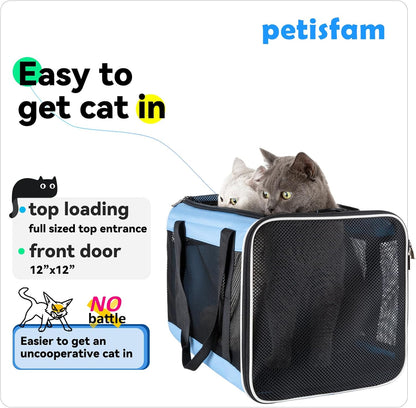 petisfam Soft Pet Carrier for Large and Medium Cats, 2 Kitties, Small Dogs. Easy to Get Cat in, Great for Cats That Don't Like Carriers (Blue) - Pawvie