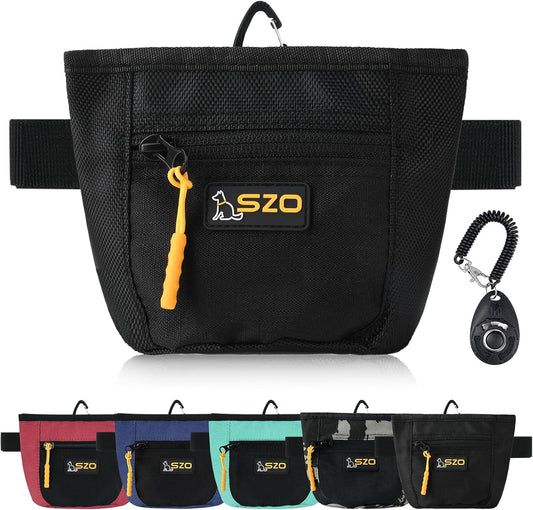 SZO Dog Treat Pouch with Pet Training Clicker, Dog Training Treat Pouch with Waist Belt Clip, Magnetic Closure, Hands-Free Training - Black