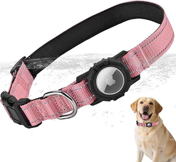 Airtag Dog Collar with Waterproof Air Tag Holder, Integrated Reflective Pet Collar with Soft Padding, Adjustable Nylon Collar for Small Medium Large Dogs, Pink,XL (18.1"-27.5")