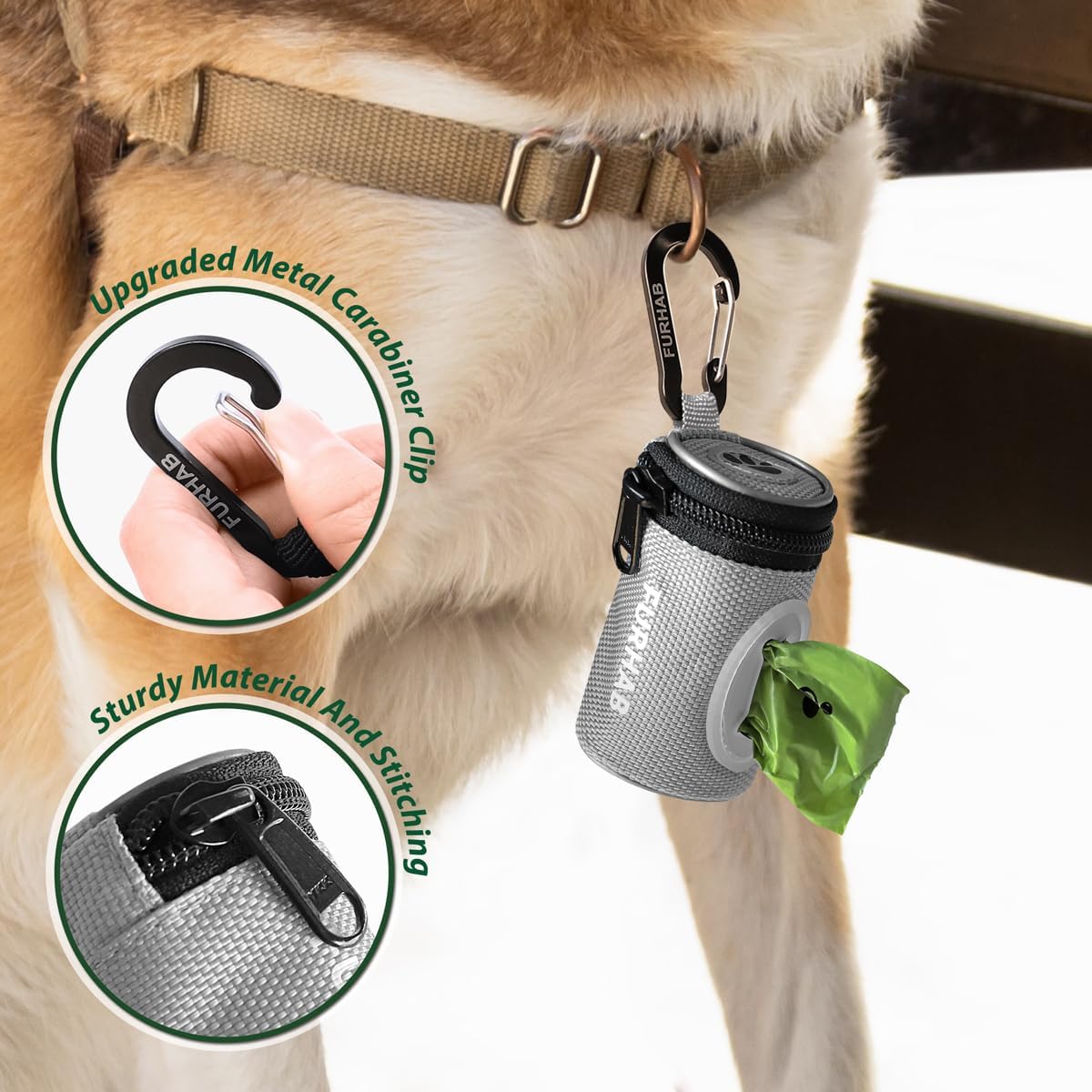 Glow Dog Poop Bag Holder for Leash Doggie Waste Bag Dispenser Puppy Potty Carrier Small Doggy Zipper Pouch with Carabiner Clip 1680D Nylon Oxford with 1 Roll of Pet Trash Bags, Silver - Pawvie