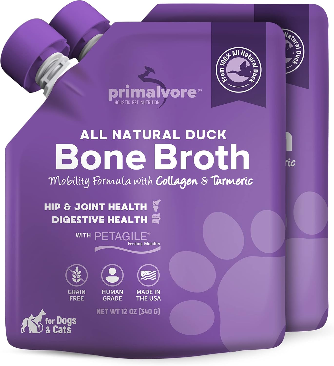 Primalvore All-Natural Duck Bone Broth for Dogs &Cats, Mobility Formula w/Collagen Peptides Supports Hip & Joints, Digestion, Skin&Coat and Hydration, Grain Free, Human Grade, Made in USA. Duck 2 Pack