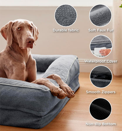 MADE 4 PETS Orthopedic Dog Bed for Large Dogs, Supportive Foam Big Large Pet Bed Sofa with Washable Removable Cover, Waterproof Dog Couch Bed, Non-Slip Bottom and Egg-Crate Foam, Grey