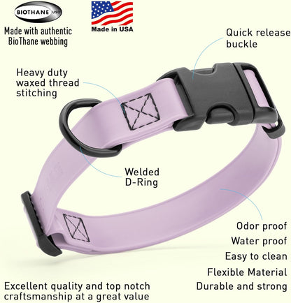 Dogline Biothane Waterproof Dog Collar with Quick Release Buckle Strong Coated Nylon Webbing with Odor- Proof for Easy Care Easy to Clean Fits Small Medium Large Dogs, Lavender 5/8" W 9-14" L