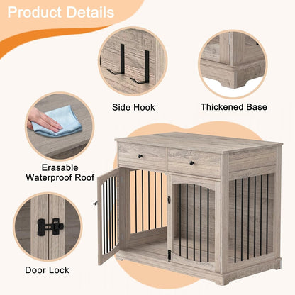BREEZEHEAT 40 inch Dog Crate Furniture-Farmhouse Dog Kennel with Drawers-End Table Wooden Pet Crate, Double Door Design, Decorative Dog House Indoor for Small Medium Large Dog, Oak Grey