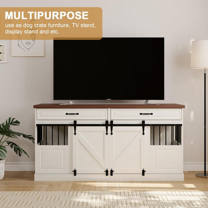 Large Dog Crate Furniture - Wooden Indoor Dog Kennel Furniture for 2 Dogs with Sliding Barn Door and Removable Divider, Heavy Duty Dog Crate Table, 63" L x 23.6" W x 31.5" H, White