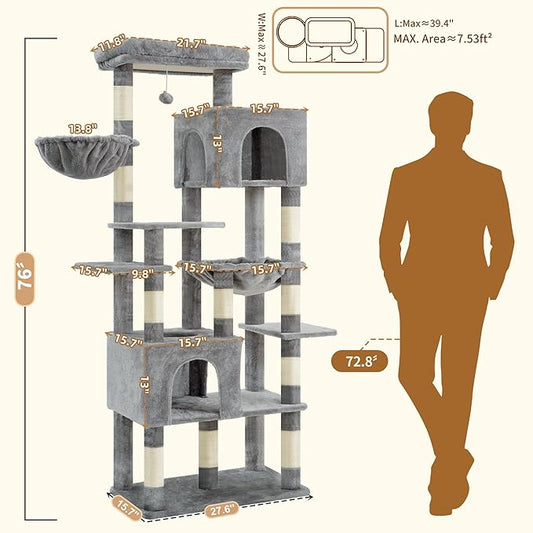 Heybly Cat Tree, 76-Inch Tall Heavy Duty Cat Tower for Big Cats with Extra Wide Baseboard, Multi-Level Large Cat Furniture with 2 Condos & 2 Hammocks, 10 Scratching Posts, Light Gray HCT039W