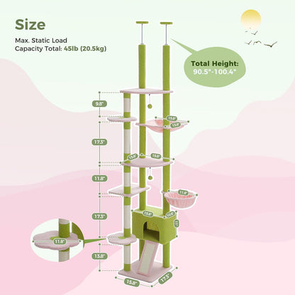 PEQULTI Tall Cat Tree Floor to Ceiling Cat Tower Adjustable Height (90.5''-100.4'' = 230cm-252cm) with Cat Condo, Cozy Hammock and Scratching Post, Pink Flower Climbing Tree for Indoor Cats, Pink