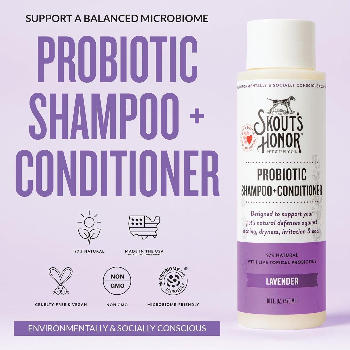 Skout's Honor Probiotic Dog Shampoo & Conditioner with Avocado Oil & Omega-3s, 97% Natural, Paraben & Sulfate-Free, Cruelty-Free, 16oz, Lavender