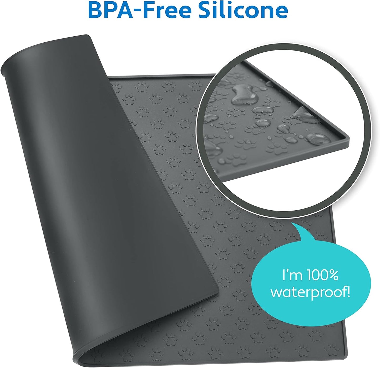 MIGHTY MONKEY 100% Waterproof Dog Food Mat, Raised Edges Silicone Pet Feeding Placemat for Cat, Dogs, Pet Bowls, High Lipped Tray Prevents Water Spills, Food on Floor, Dishwasher Safe, 22x14, Gray