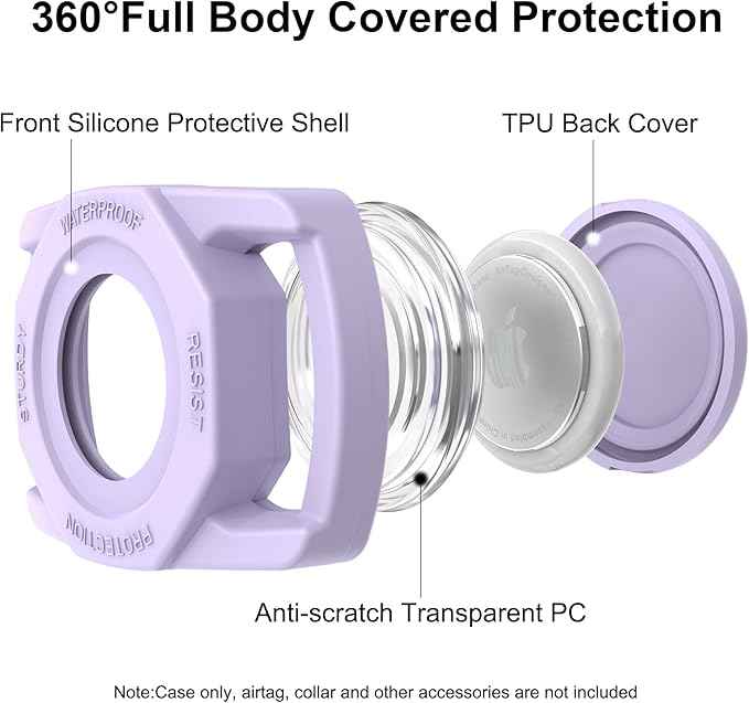 SANKALA Airtag Dog Collar Holder, Waterproof Airtag Case for Dog Collar, TPU & Silicone Full Body Covered Anti-Lost Apple Air Tag Collar Holder Protective Airtag Case for Pet Collar, Purple