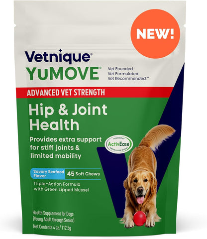 YuMOVE Hip & Joint Supplement for Dogs with Glucosamine, Hyaluronic Acid, Green Lipped Mussel & Omega 3 Joint Supplement - Regular or Advanced Strength (45ct, Advanced Vet Strength Soft Chews)