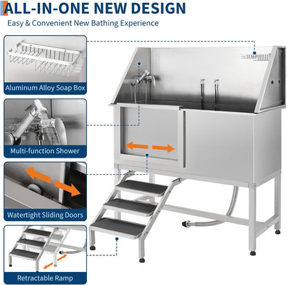 Stainless Steel Dog Washing Station - Dog Bath Tub for Large, Medium, Small Dogs, Pet Grooming Tub with Ramp, Non-Slip Grate, Shower, Soap Box, Faucet, Drain for Home & Outdoor （Left RAMP, 62"）