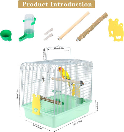 Portable Bird Cage for Small Birds - Green Bird Cage for Travel, Going Out, Walking to The Vet with Station Pole Food Box Water Fountain