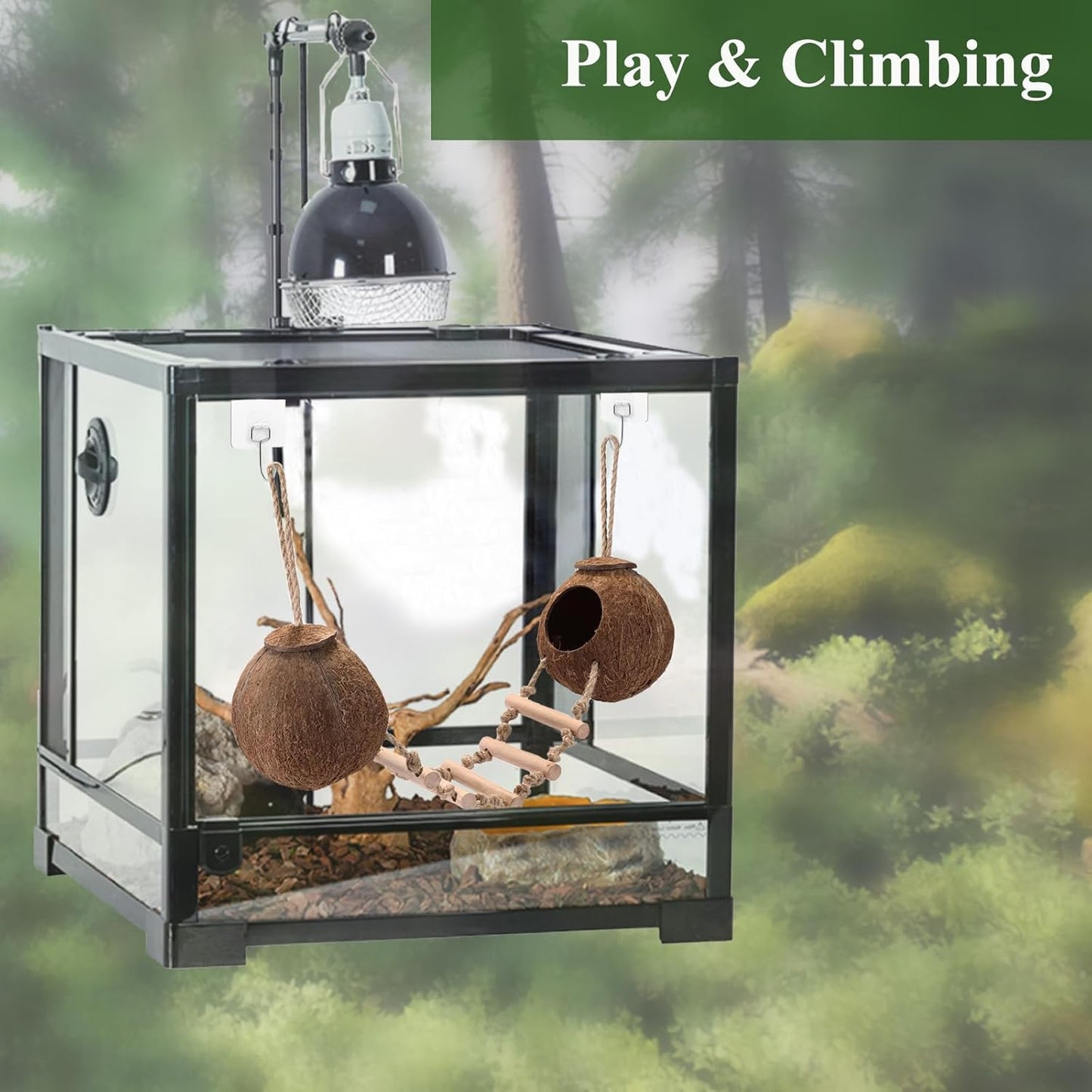 HERCOCCI Gecko Tank Accessories, Hermit Crab Toys Double Coconut Shell Natural Coconut Husk Hut with Climbing Ladder with Suction Cup for Leopard Gecko Snake Reptiles