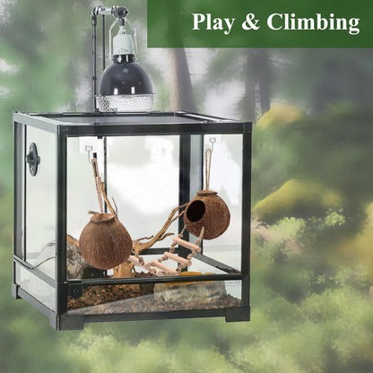 HERCOCCI Gecko Tank Accessories, Hermit Crab Toys Double Coconut Shell Natural Coconut Husk Hut with Climbing Ladder with Suction Cup for Leopard Gecko Snake Reptiles