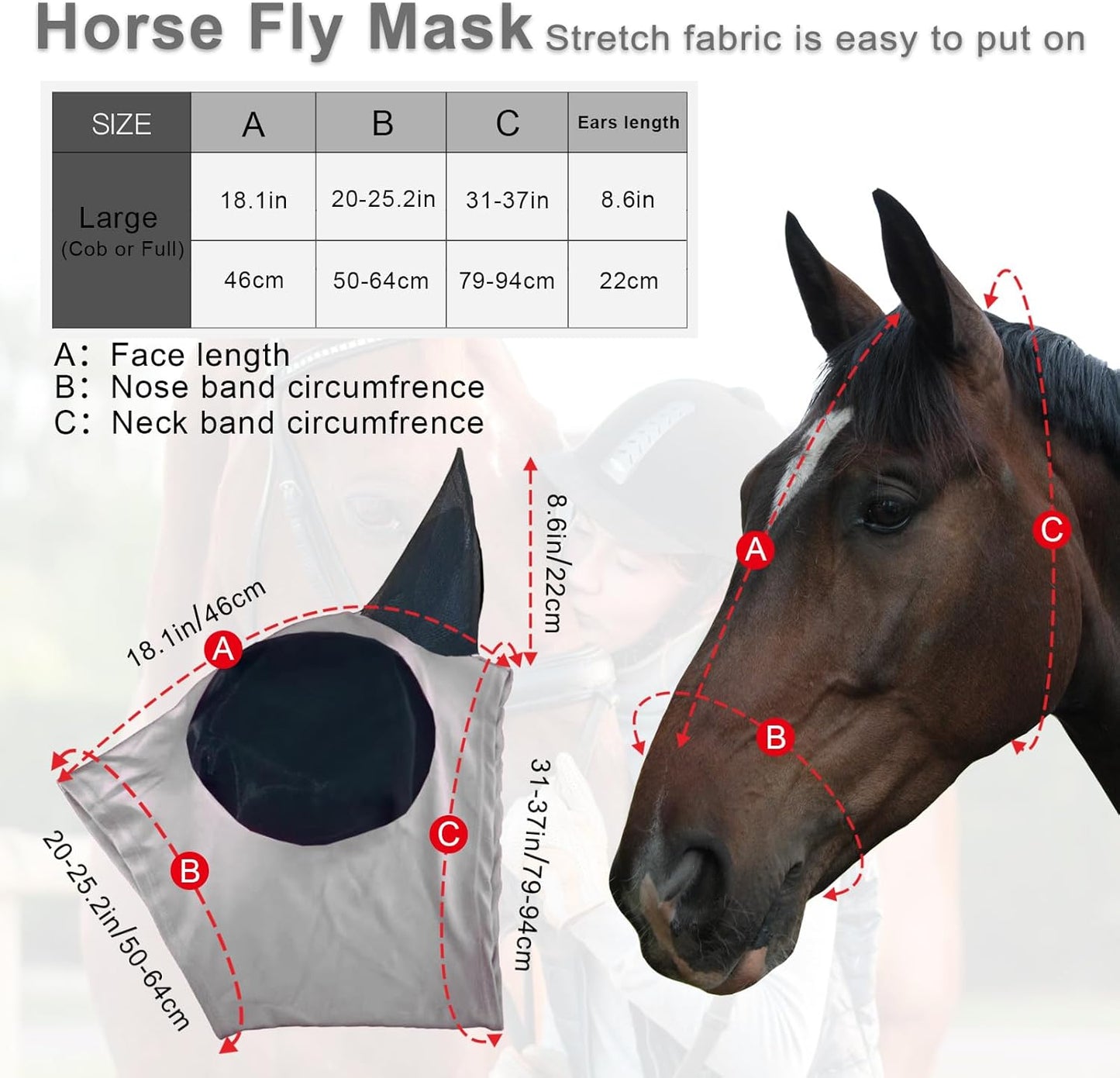 Horse Fly Mask with Ears, Comfortable Fit Stretch Fabric with UV Protection Soft on Skin Breathability for Small/Medium Size Horses (Gray)
