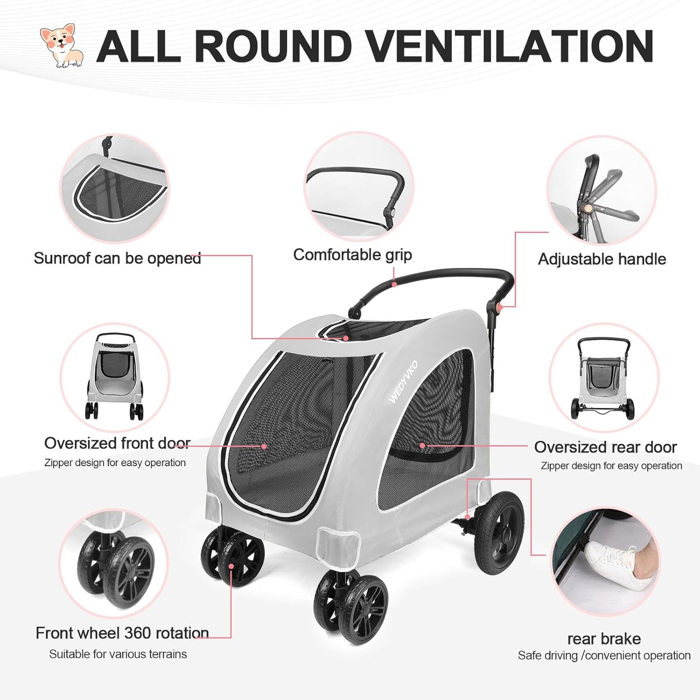 Large Dog Travel Stroller with 4 Heavy Duty Wheels Pet Stroller with Adjustable Handle - Double Doggie Capacity Jogger Wagon with Back Front Door for Small Medium Large Dogs (Grey) - Pawvie