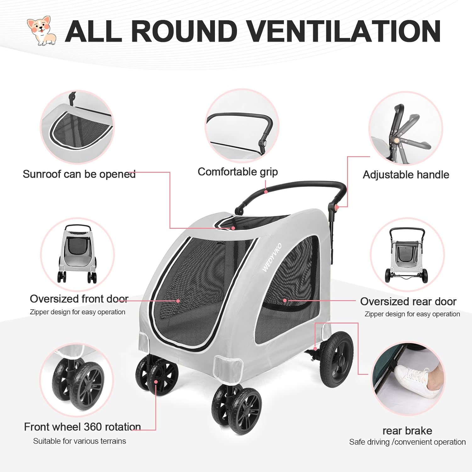 Large Dog Travel Stroller with 4 Heavy Duty Wheels Pet Stroller with Adjustable Handle - Double Doggie Capacity Jogger Wagon with Back Front Door for Small Medium Large Dogs (Grey) - Pawvie
