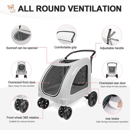 Large Dog Travel Stroller with 4 Heavy Duty Wheels Pet Stroller with Adjustable Handle - Double Doggie Capacity Jogger Wagon with Back Front Door for Small Medium Large Dogs (Grey) - Pawvie