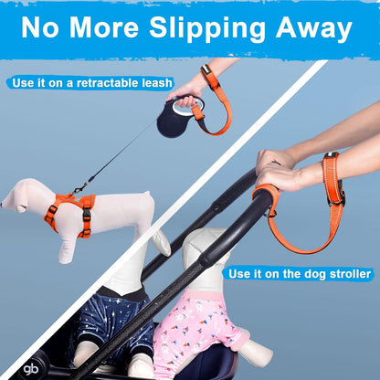 PetBonus Short Dog Leash, Safety Wrist Strap for Retractable Dog Leash, Reflective Design and Adjustable Soft Padded Handle, Extra Layer Security for Pet Stroller (Orange)