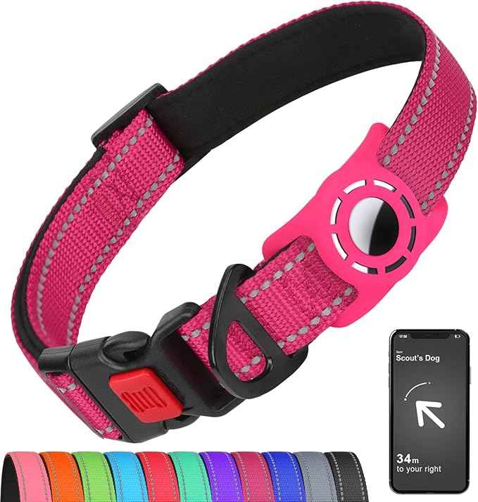 AirTag Dog Collar with AirTag Holder Compatible for Air Tag, Reflective Soft Padded, Safety Locking Buckle, Adjustable Nylon for Small Medium Large Dogs (Hotpink,M)