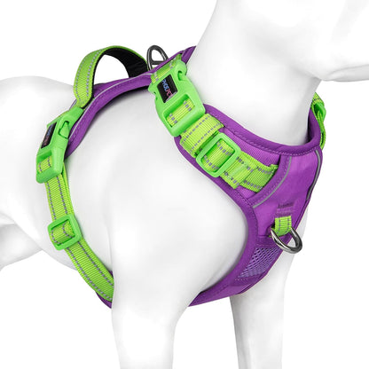 PHOEPET No Pull Dog Harness, Unique Colors Reflective Adjustable Dog Vest, with Soft Training Handle Metal Clips for Small Medium Large Dogs (Purple Base & Green Straps,L)