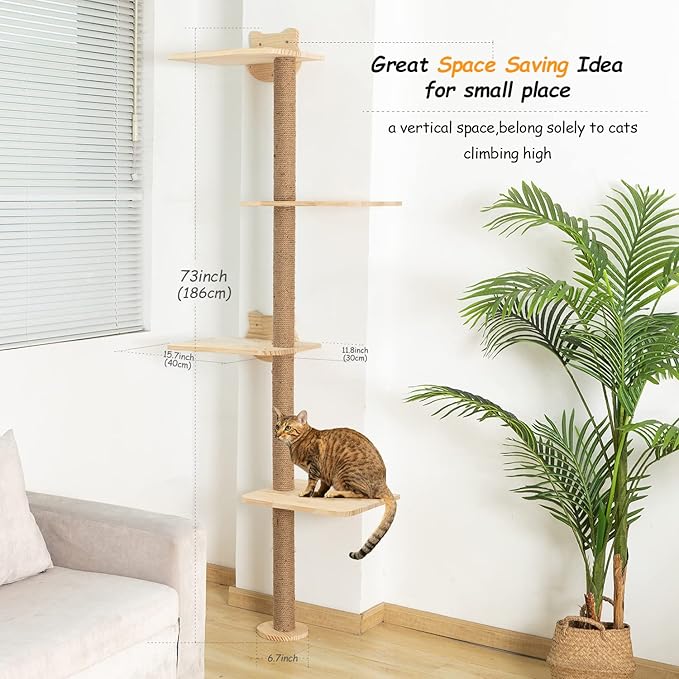 Cat Tree Wall Mounted,Tall Scratching Post for Indoor Cats Climbing Tower Activity Wood Cat Wall Furniture(Wood)
