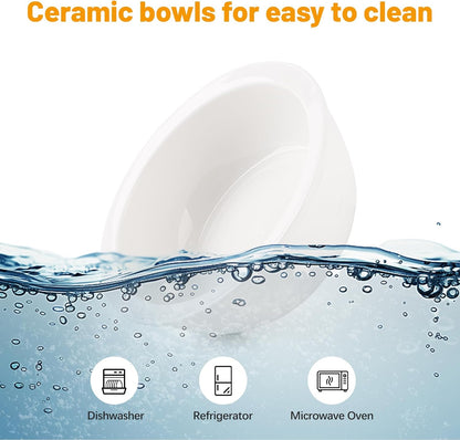 Elevated Cat Bowls, Tilted Rised Cat Food and Water Bowl with 2 Pcs Ceramic Pet Bowls, Rised Stand, Pet Dish Anti Vomiting Feeding Station for All Sized Cats & Small Dogs (White)