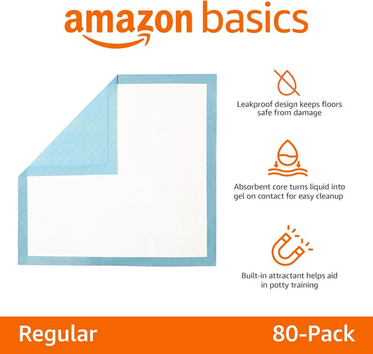 Amazon Basics Heavy Duty Dog and Puppy Pee Pads, 5-Layer Leak-Proof Ultra Absorbent, Quick-Dry Surface, Potty Training, Regular (24x23"), 80 Count, Blue & White