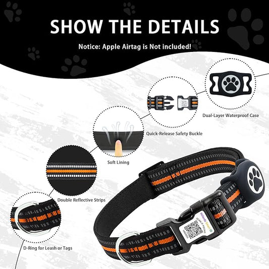 Airtag Dog Collar with QR Code Tag - Reflective Adjustable Nylon Collar, Quick Release Buckle for Small Medium Large Dogs, Comfortable Padded Lining (Orange, L)