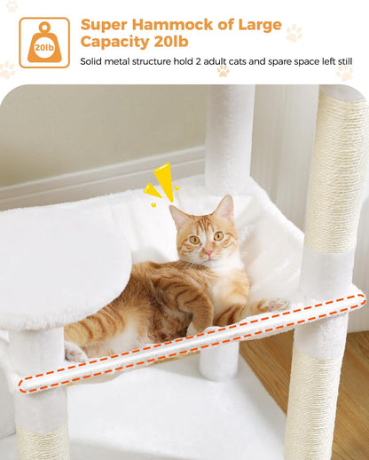 Cat Tree for Large Cats with Metal Plush Big Hammock, 56.3" Cat Tower for Indoor Cats with 2 Door Condo House, 6-Tier Cat Shelves with Scratching Posts and Large Top Perch, Cream White
