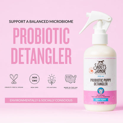 Skout's Honor Probiotic Pet Detangler Spray - Hydrating & Conditioning with Avocado Oil, 97% Natural, Paraben & Sulfate-Free, softens for a More brushable Coat, Daily Use, 8oz, Happy Puppy